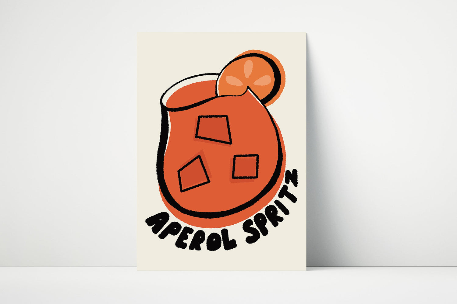 Hand-drawn illustration of an Aperol Spritz cocktail, printed on matte paper.