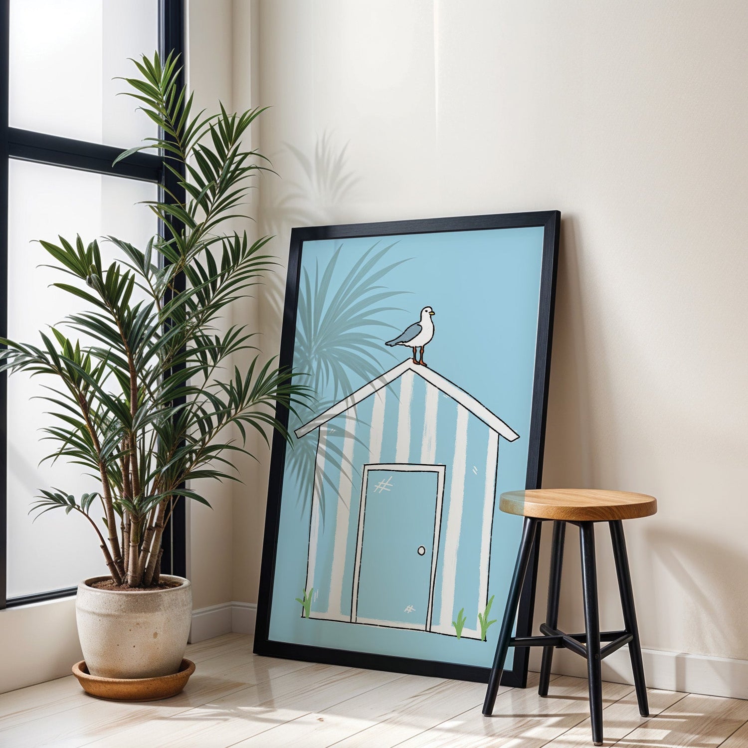 Seaside Beach Hut Seagull Print