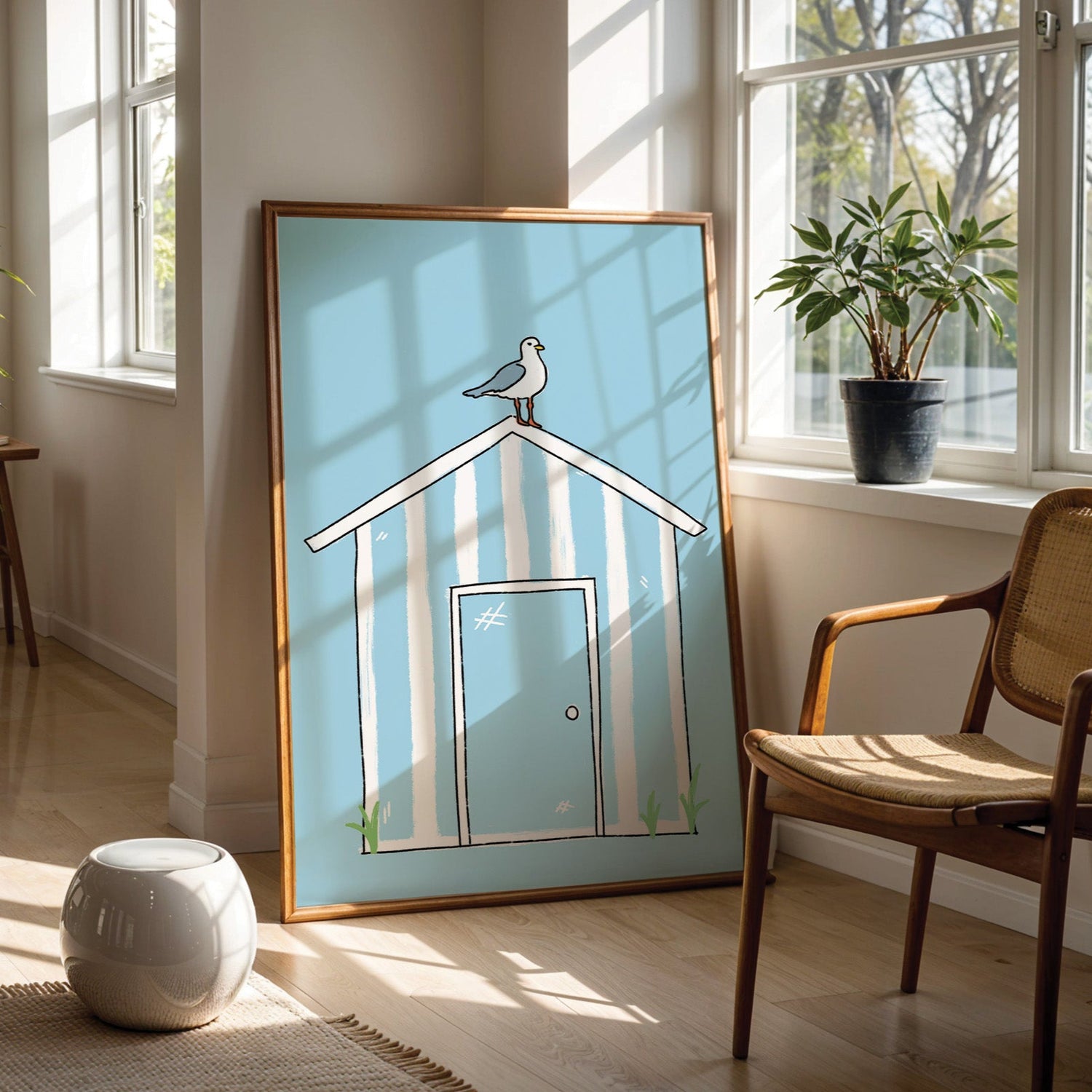 Seaside Beach Hut Seagull Print