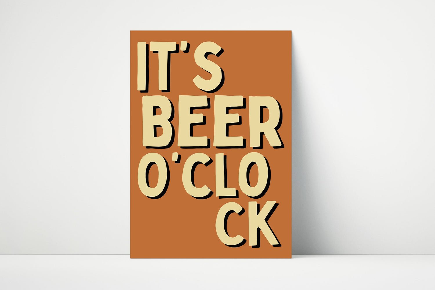 Funny wall art print reading “It’s Beer O'clock” in bold black typography, ideal for kitchens or home bar décor