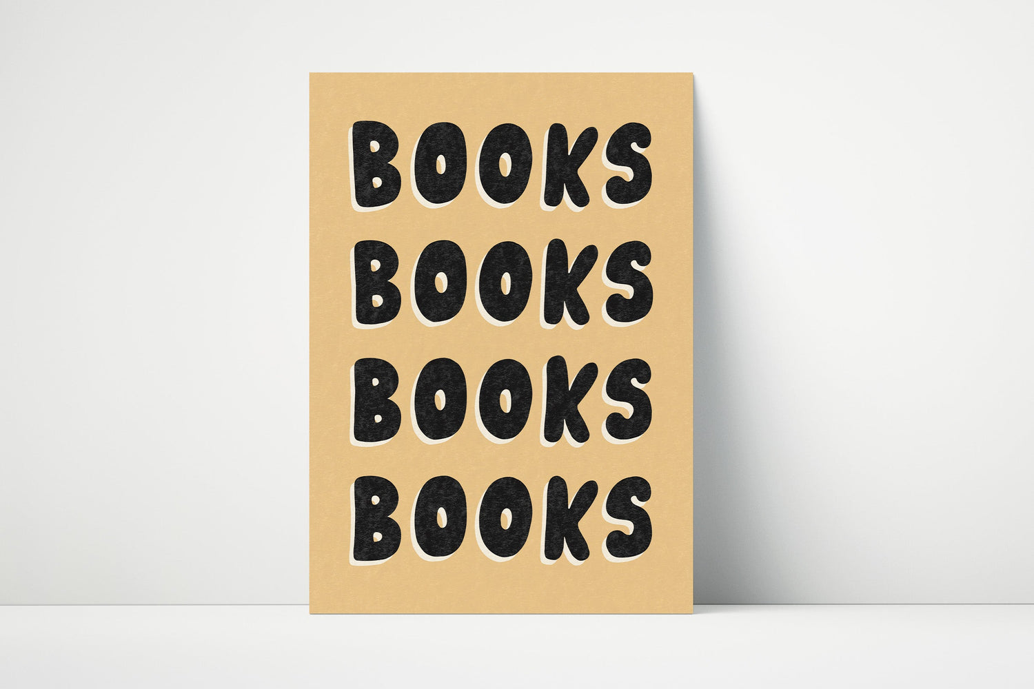 Print with 'BOOKS BOOKS BOOKS BOOKS' text on a yellow background