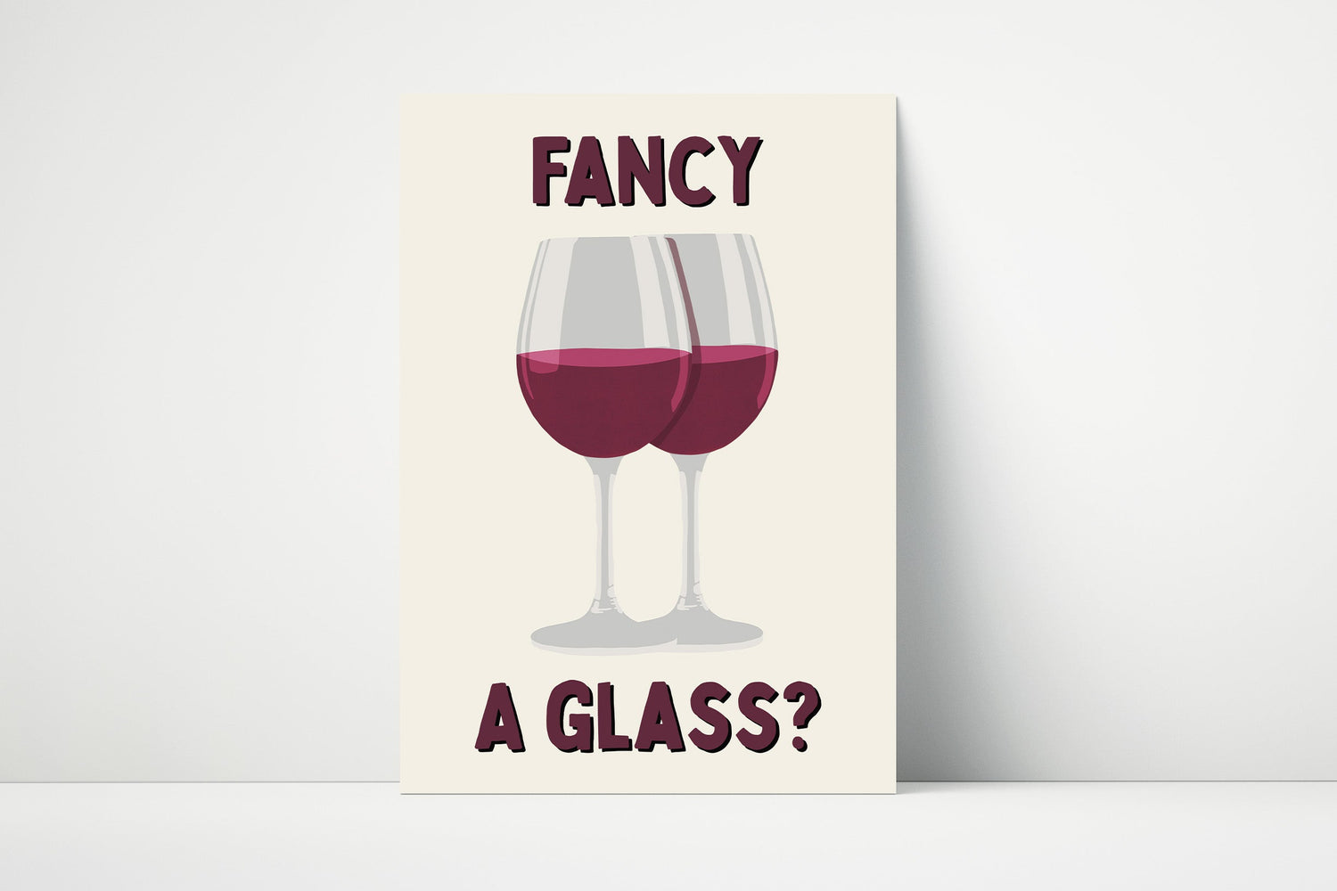 Wall art print with the phrase “Fancy a Glass?” and a simple wine bottle and glass illustration, perfect for wine-themed décor