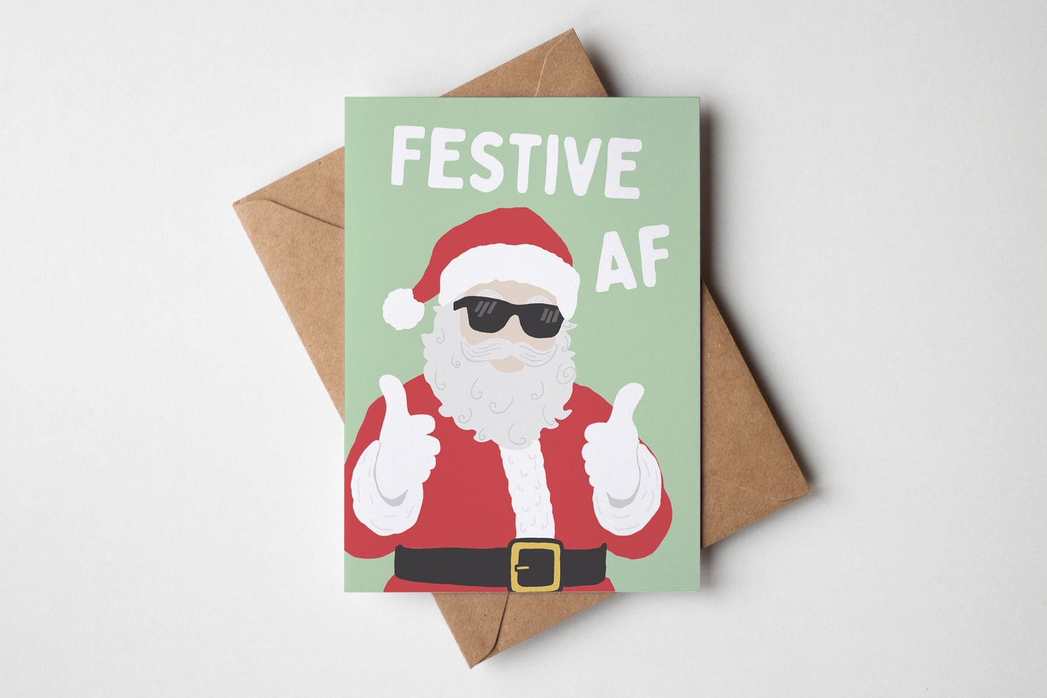 Card with Santa Claus giving thumbs up, text 'Festive AF'.
