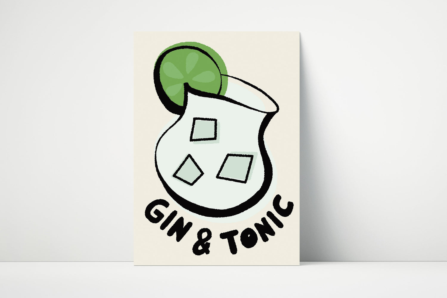 Minimal Gin and Tonic cocktail print with hand-drawn illustration, printed on matte paper.