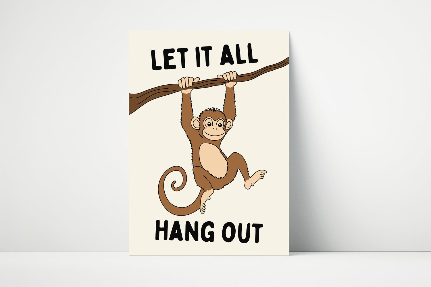Funny bathroom wall art print with a monkey illustration and the phrase “Let It All Hang Out,” perfect for quirky and humorous toilet décor