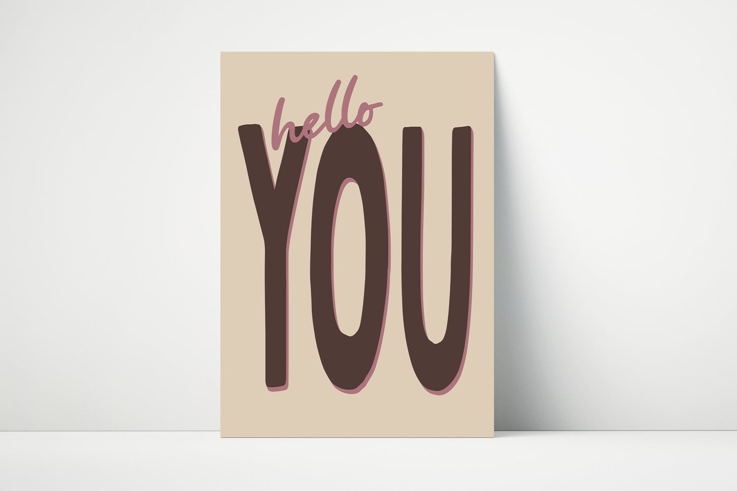 Retro "Hello You" typography print in brown and beige tones, printed on matte paper.