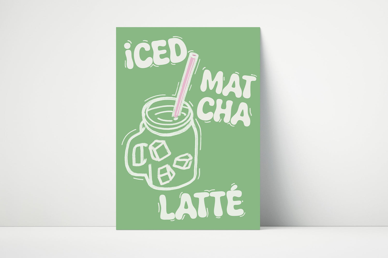 Green hand drawn iced matcha latte illustration with white text.