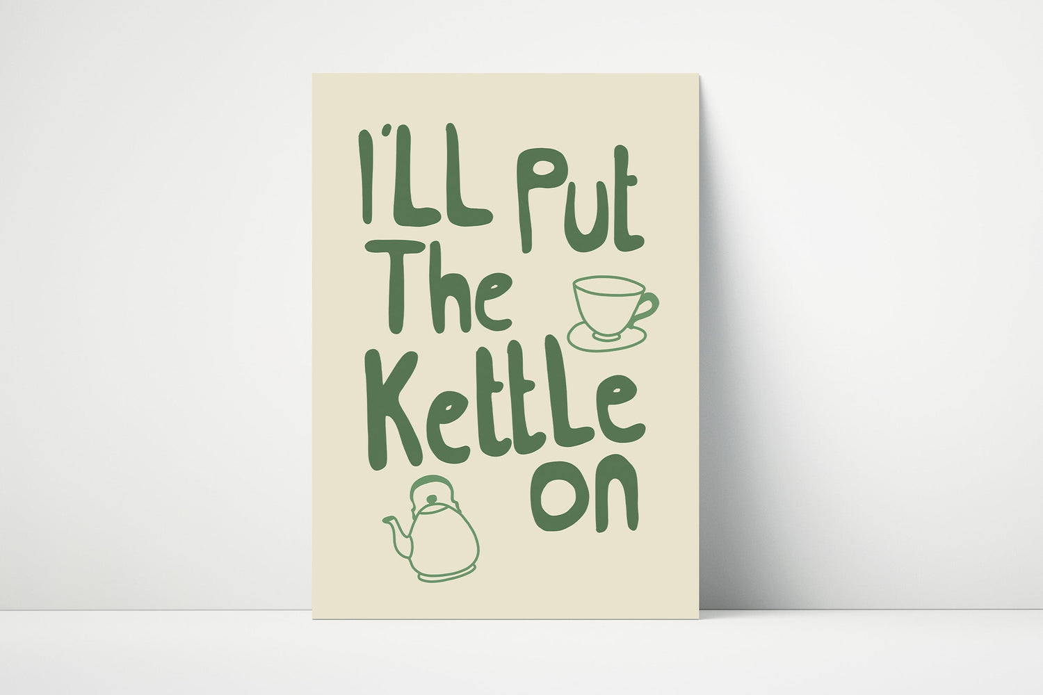 Minimalist kitchen wall art print with the phrase “I’ll Put the Kettle On” – perfect for tea lovers and cosy home decor.