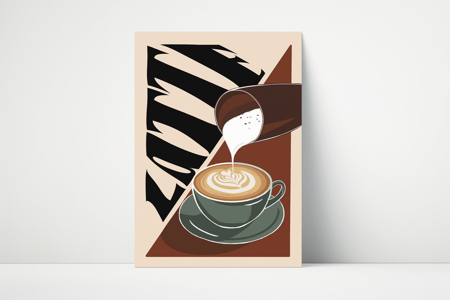 Wall art print with an illustration of a latte coffee and the word “Latte” in bold text, perfect for modern kitchen or coffee bar décor.