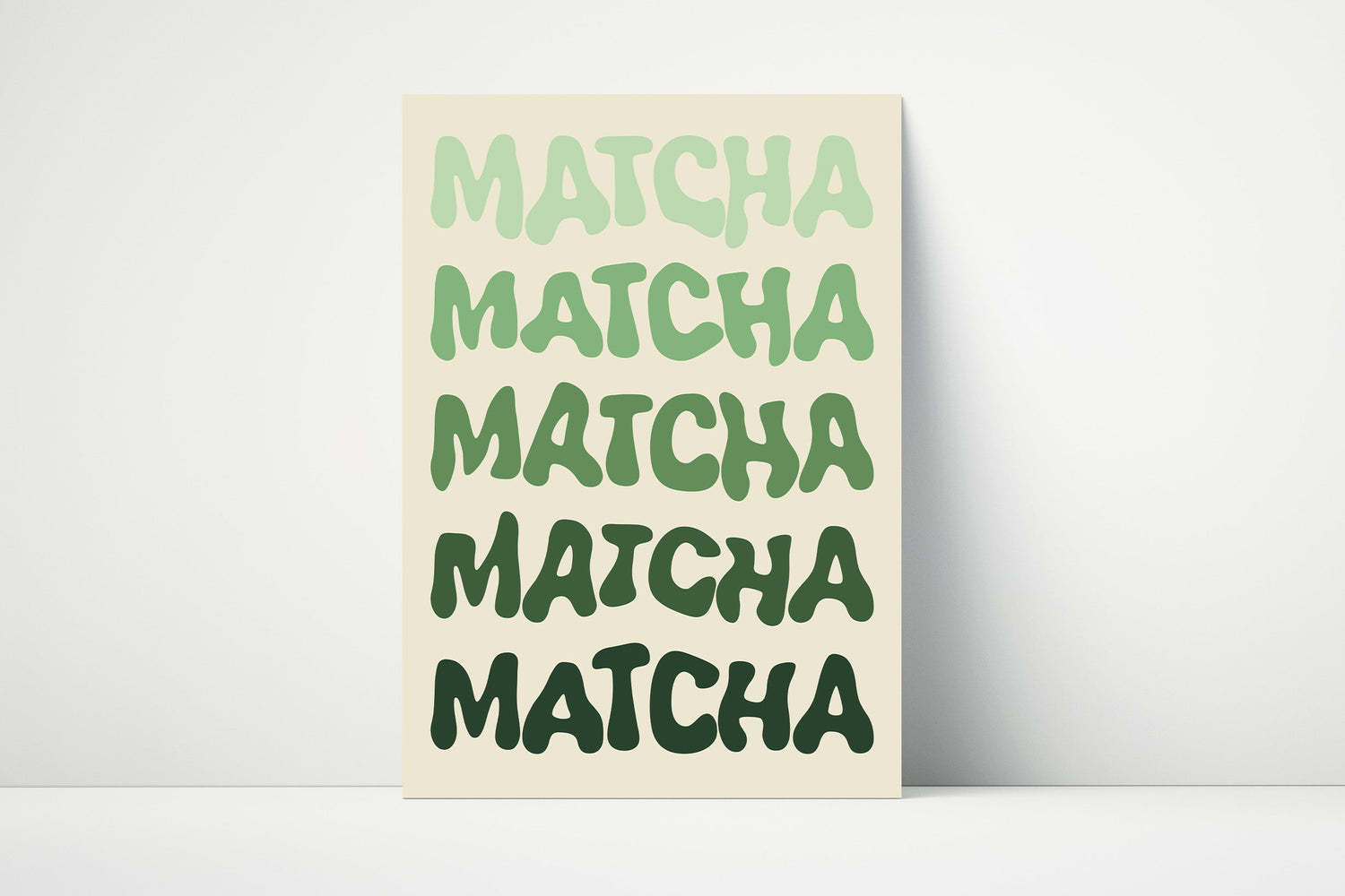 Typography print with the word "matcha" repeated in green gradient from light to dark.