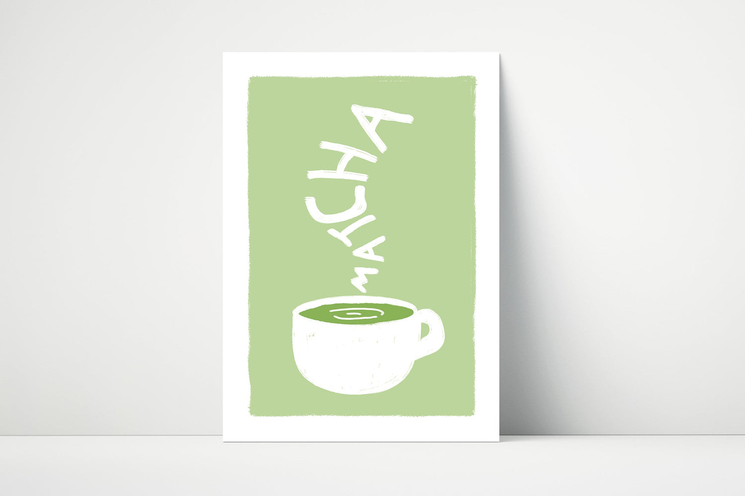 Hand drawn matcha drink in a cute, artsy style with soft green tones, printed on matte paper.