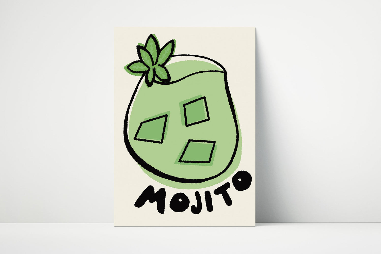 Hand-drawn Mojito cocktail print with mint and lime, printed on matte paper.