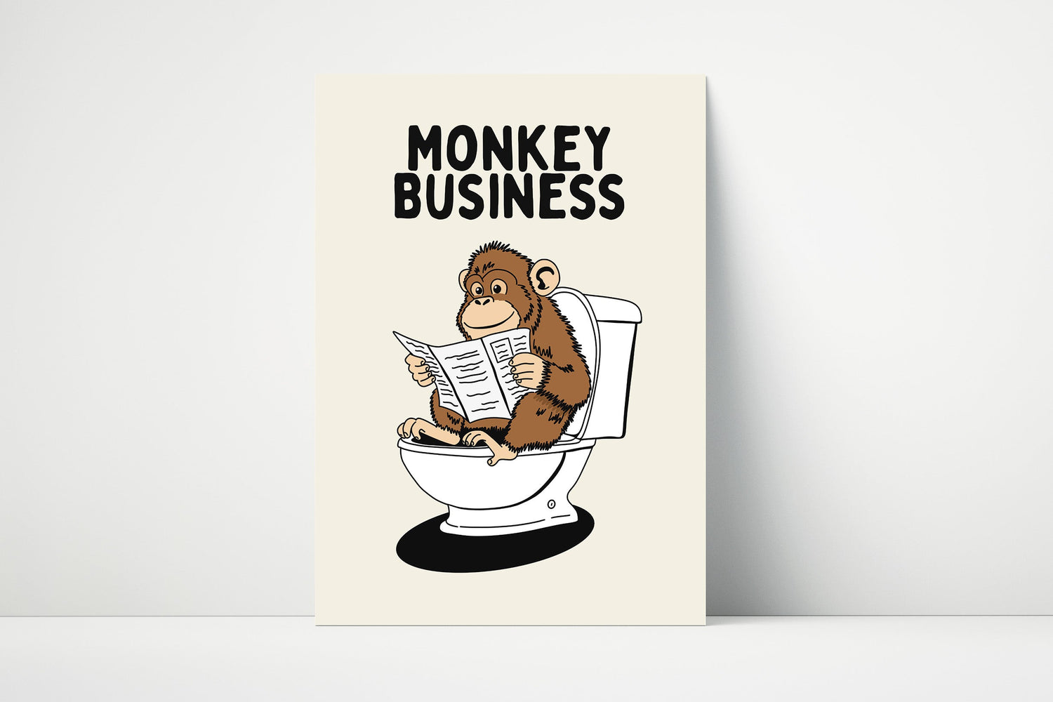 Bathroom wall art print with a cartoon monkey sitting on a toilet and the phrase “Monkey Business,” ideal for funny and quirky toilet décor