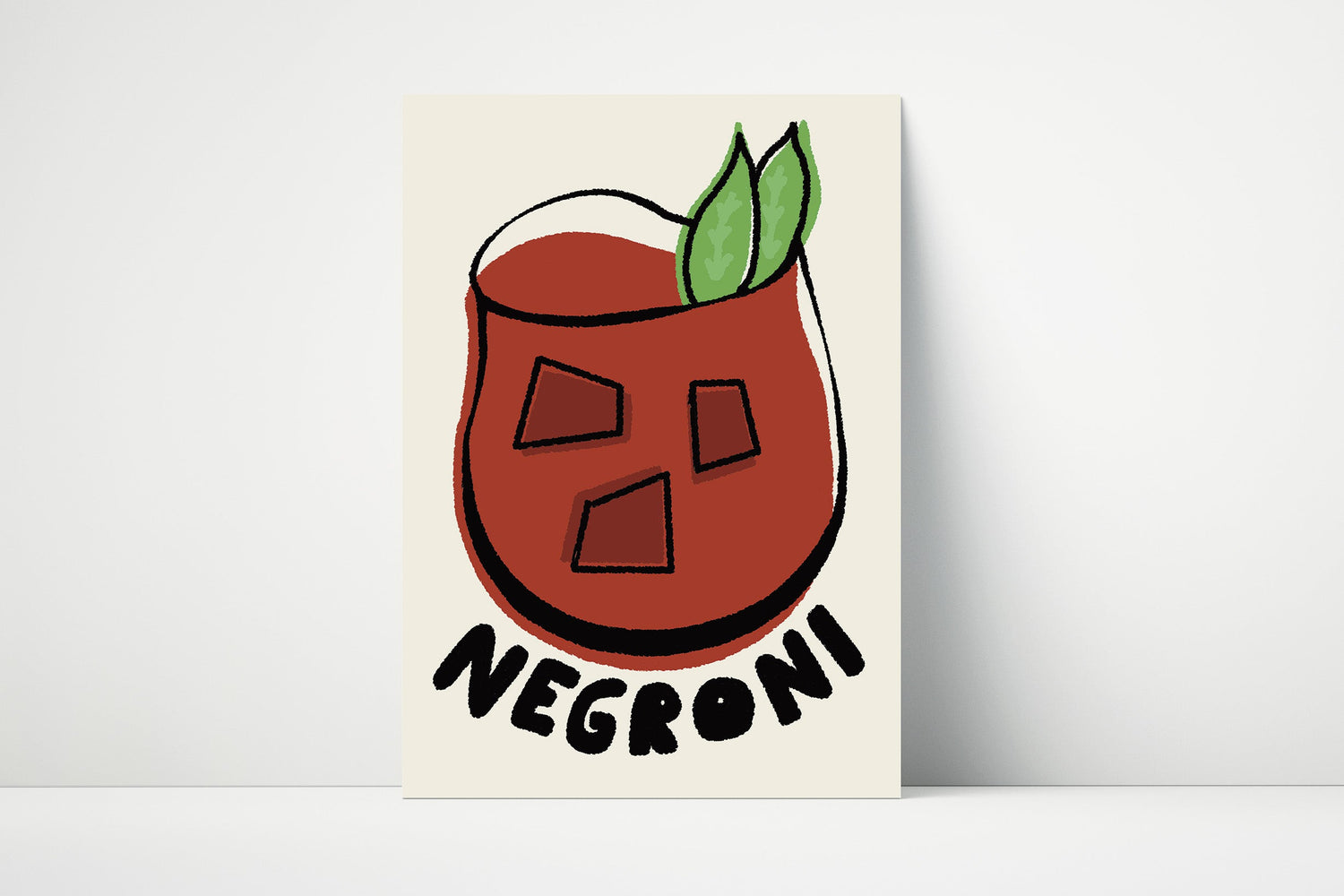 Hand-drawn Negroni cocktail illustration, printed on matte paper.