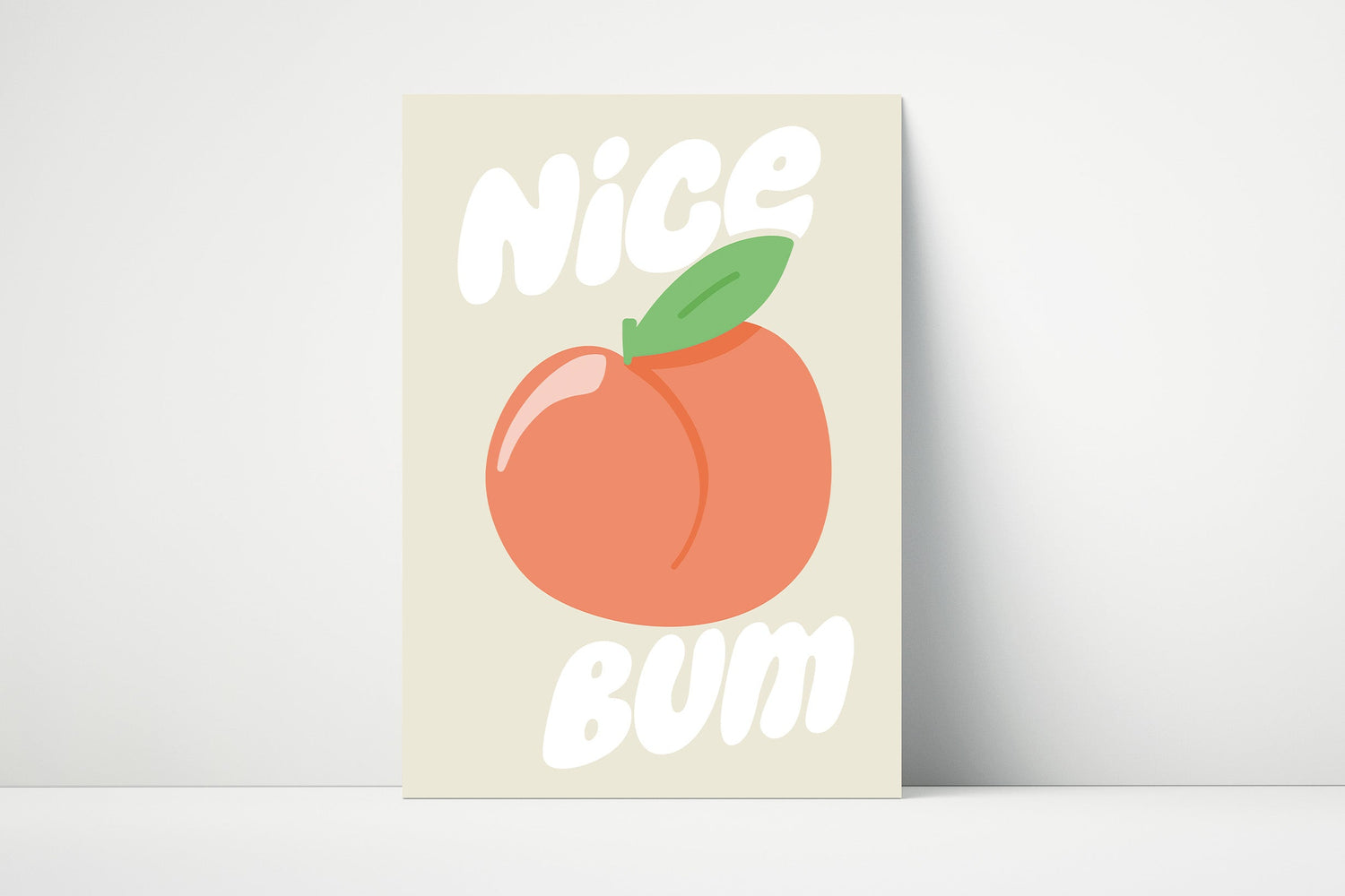 "Nice Bum" print with a peach illustration, suitable for bathrooms.