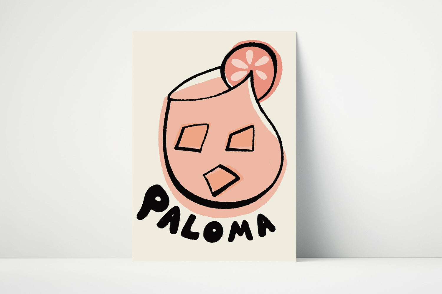 Poster with a graphic of a paloma cocktail and the word 'Paloma' on a beige background