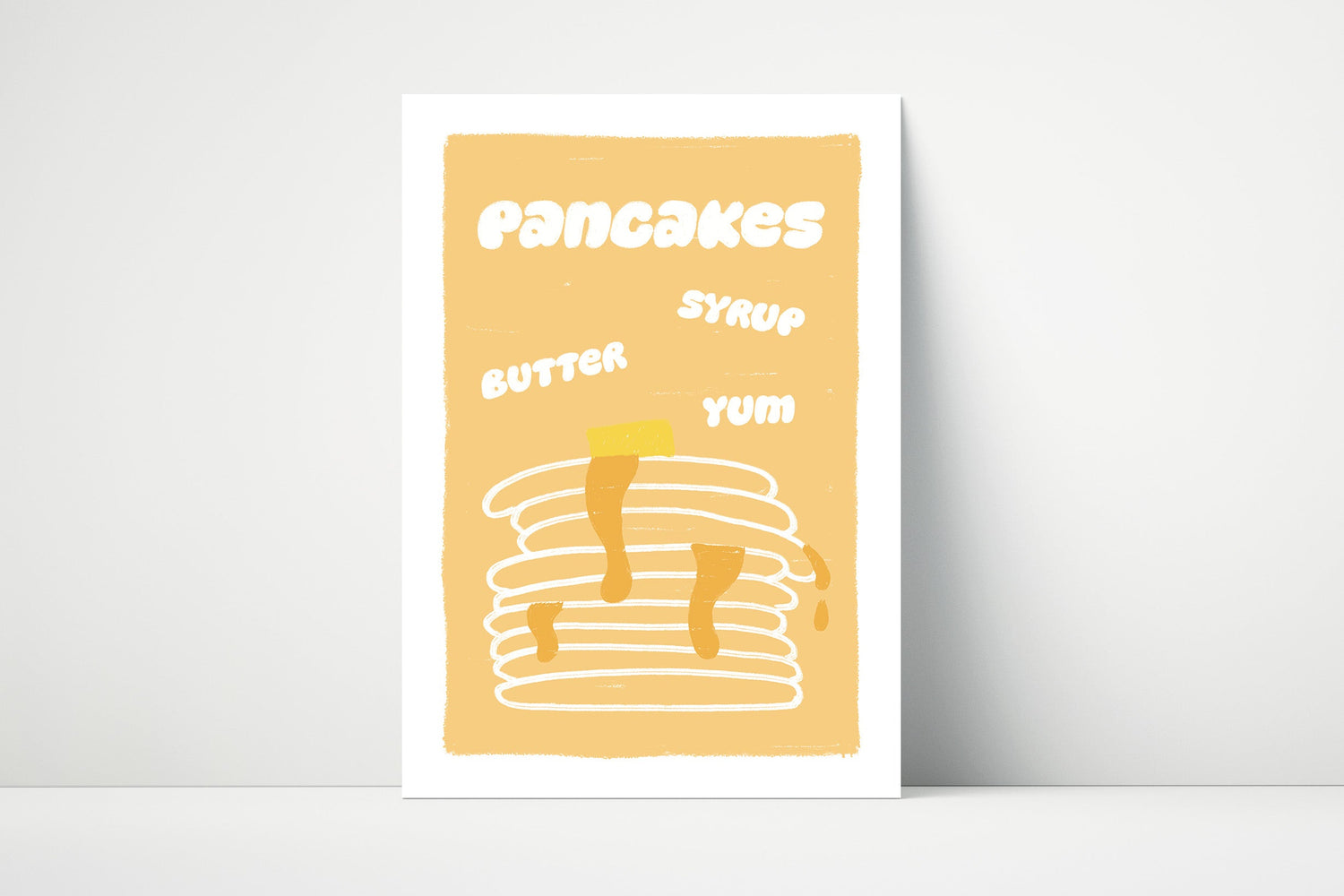 Poster with a stack of pancakes, butter, and syrup illustration on a yellow background.