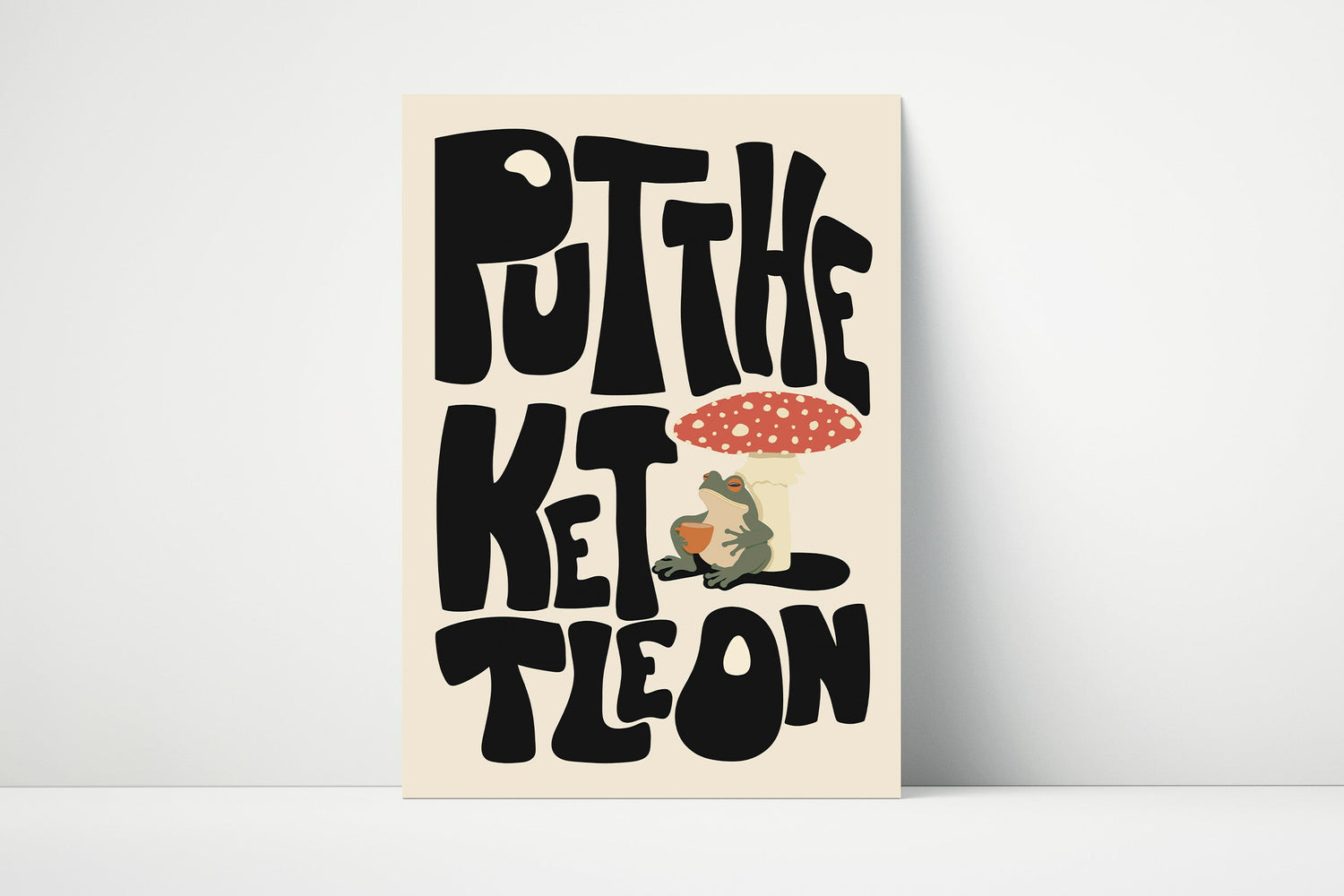 “Put the Kettle On” cottagecore-style wall art print with warm, calming tones – perfect for tea lovers and cozy kitchen spaces.