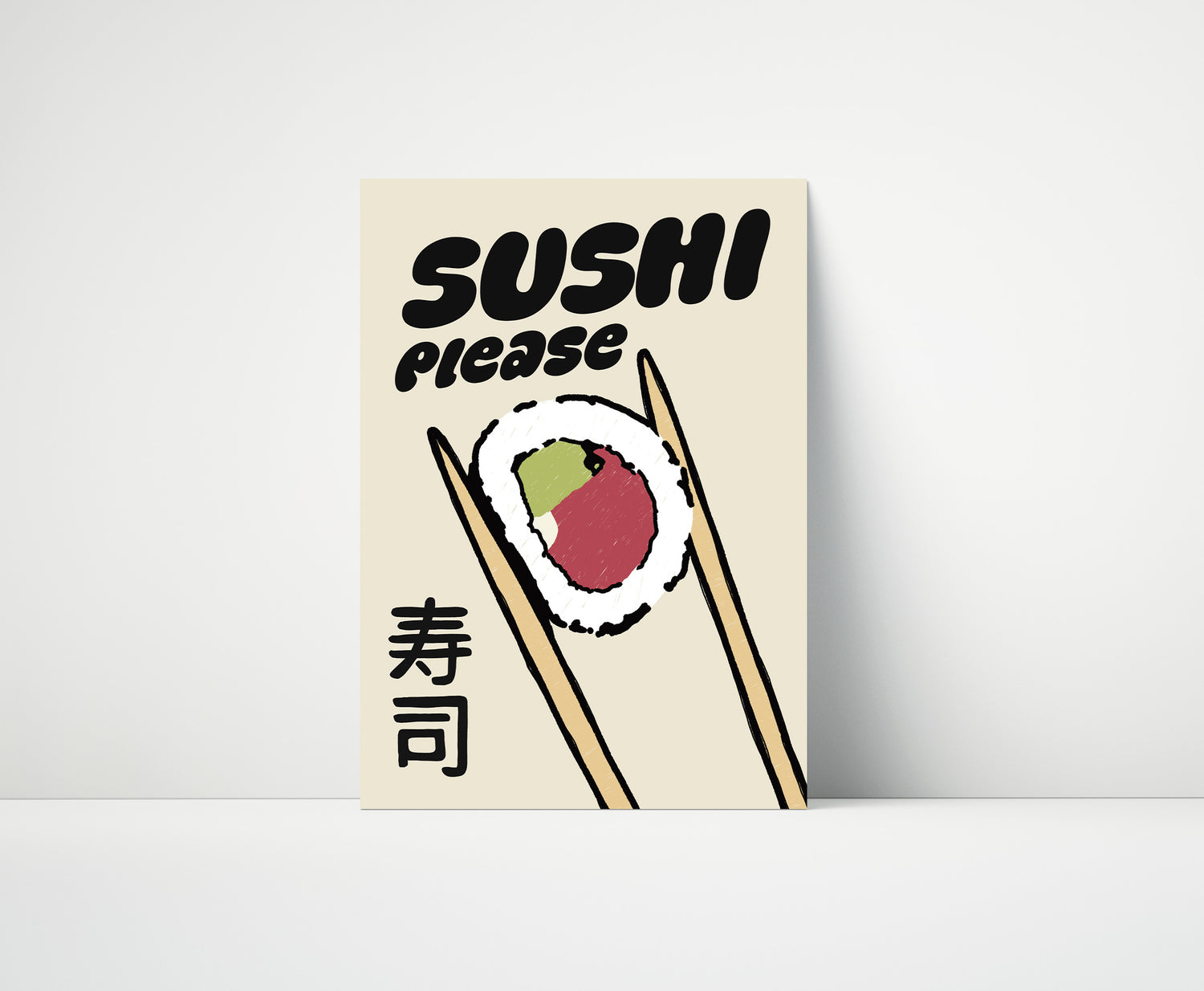 Hand-drawn print of chopsticks holding sushi with the phrase “Sushi Please,” printed on matte paper.