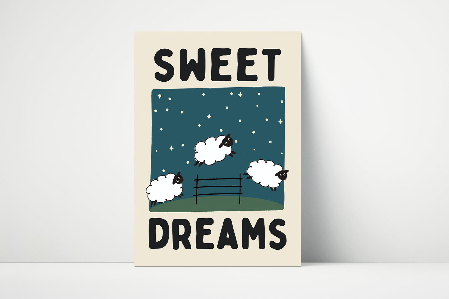 "Sweet dreams" print featuring hand drawn sheep jumping over a fence. 