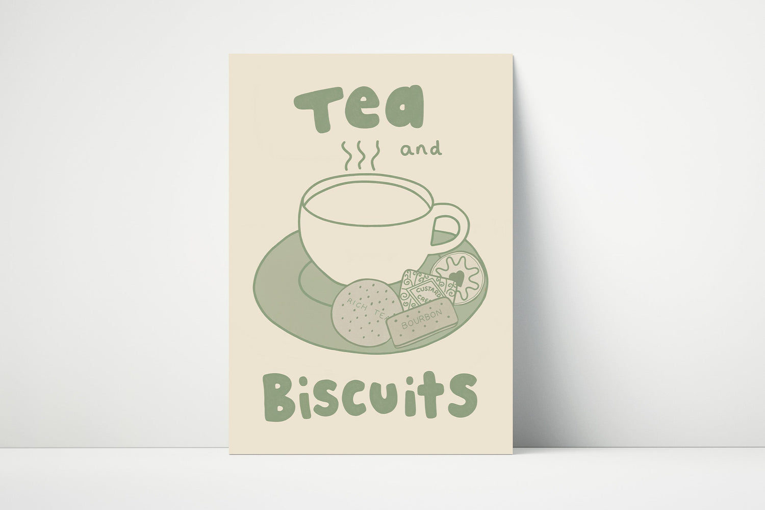 Print with a tea cup and biscuits illustration and "Tea and Biscuits" text on an off white/cream background.