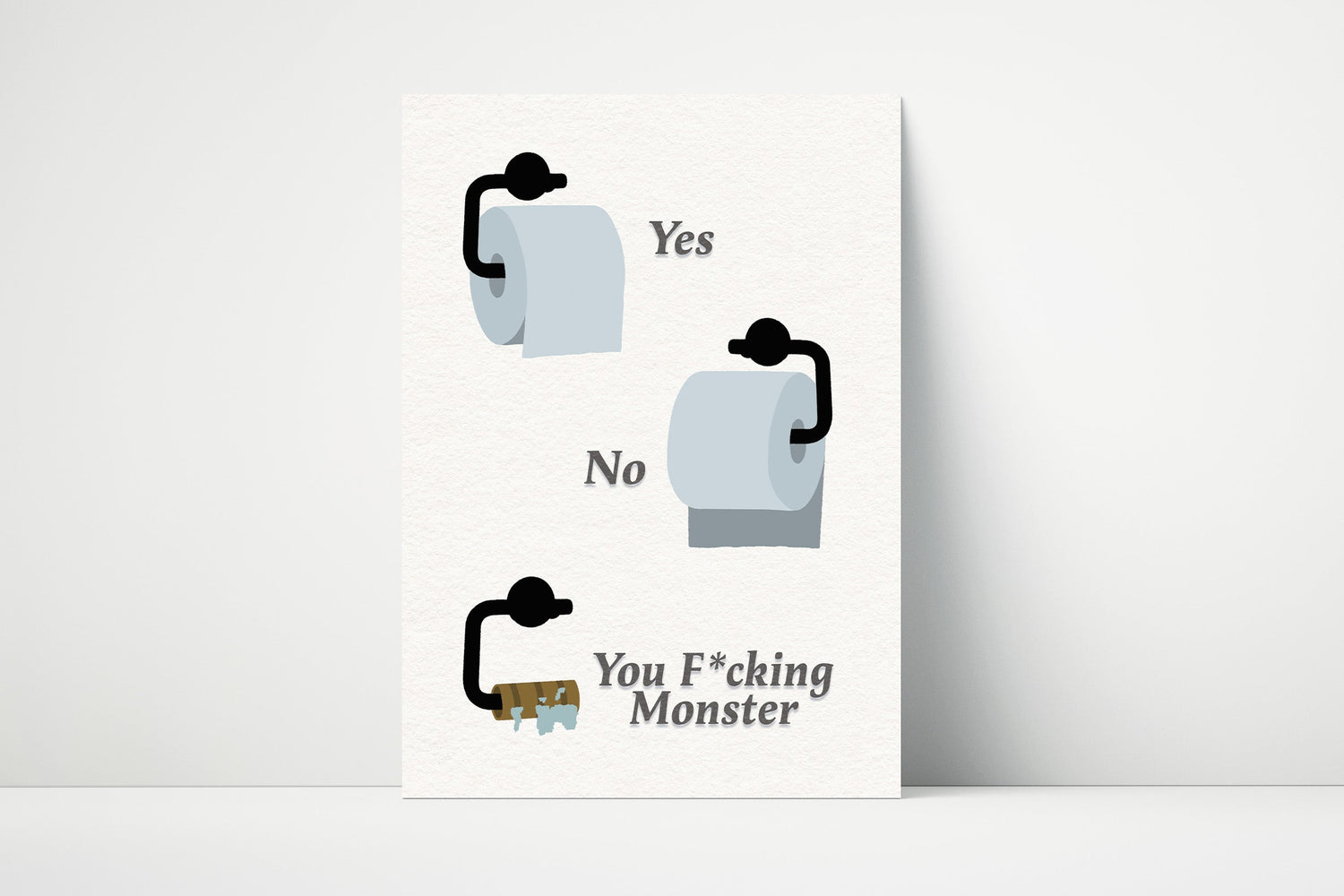 Funny illustrated bathroom wall art showing a toilet paper roll joke, ideal for humorous bathroom décor.