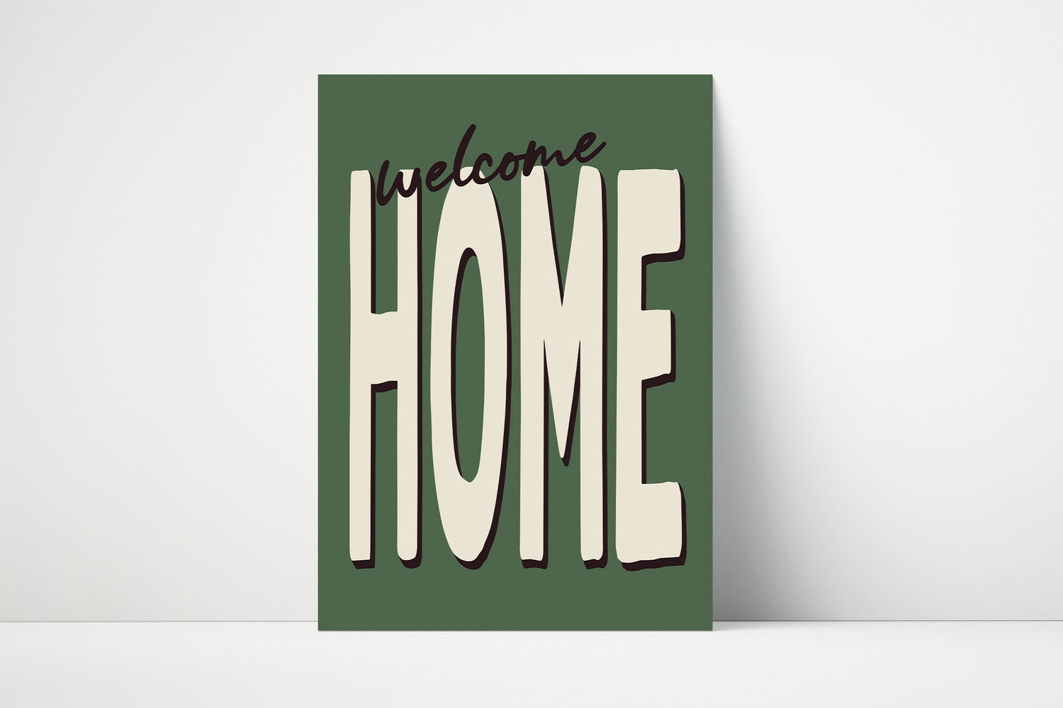 Retro inspired typography print with 'welcome HOME' text on a green background