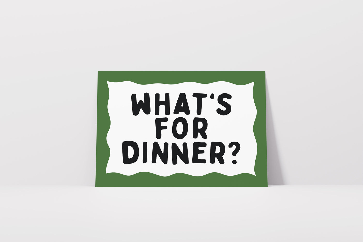 Wall art print with the phrase “What’s for Dinner?” framed by a bold, colourful border - perfect for kitchens and family dining rooms.