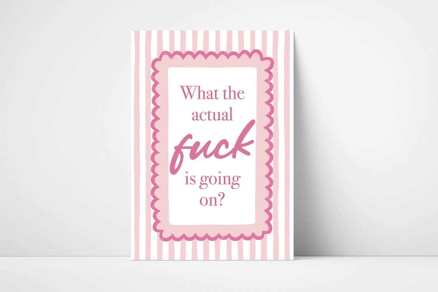 Pink and white striped print with text on a white background