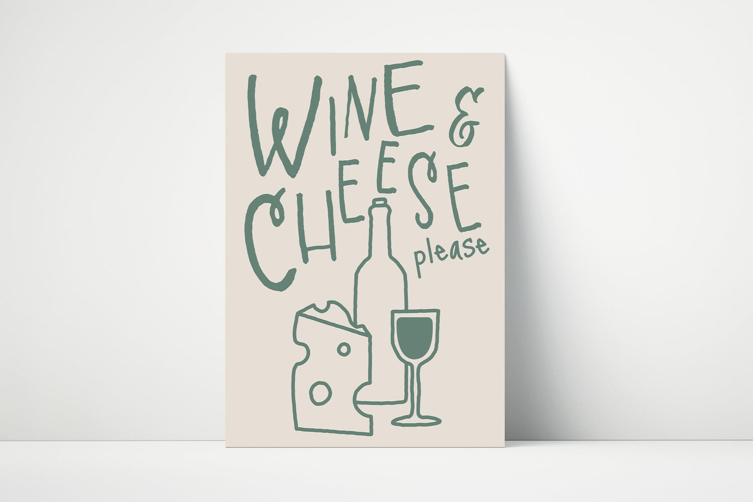 Wall art print with the phrase “Wine and Cheese please” alongside illustrations of a wine bottle, wine glass, and cheese block, perfect for fun kitchen or dining room décor.